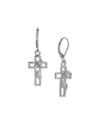 Silver Tone Cross Leverback Earrings