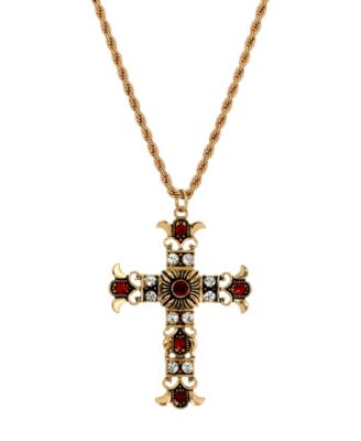 Gold-Tone Cross Clear Crystals Siam Beads 16"+3" Necklace