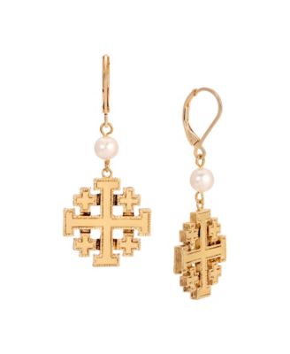 Symbols of Faith Gold Tone Faux Pearl Bead Jerusalem Cross Leverback Earrings - White 48$