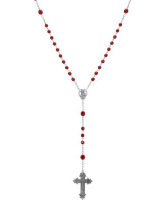 Silver-tone Dark Red Beaded Crucifix Rosary Necklace
