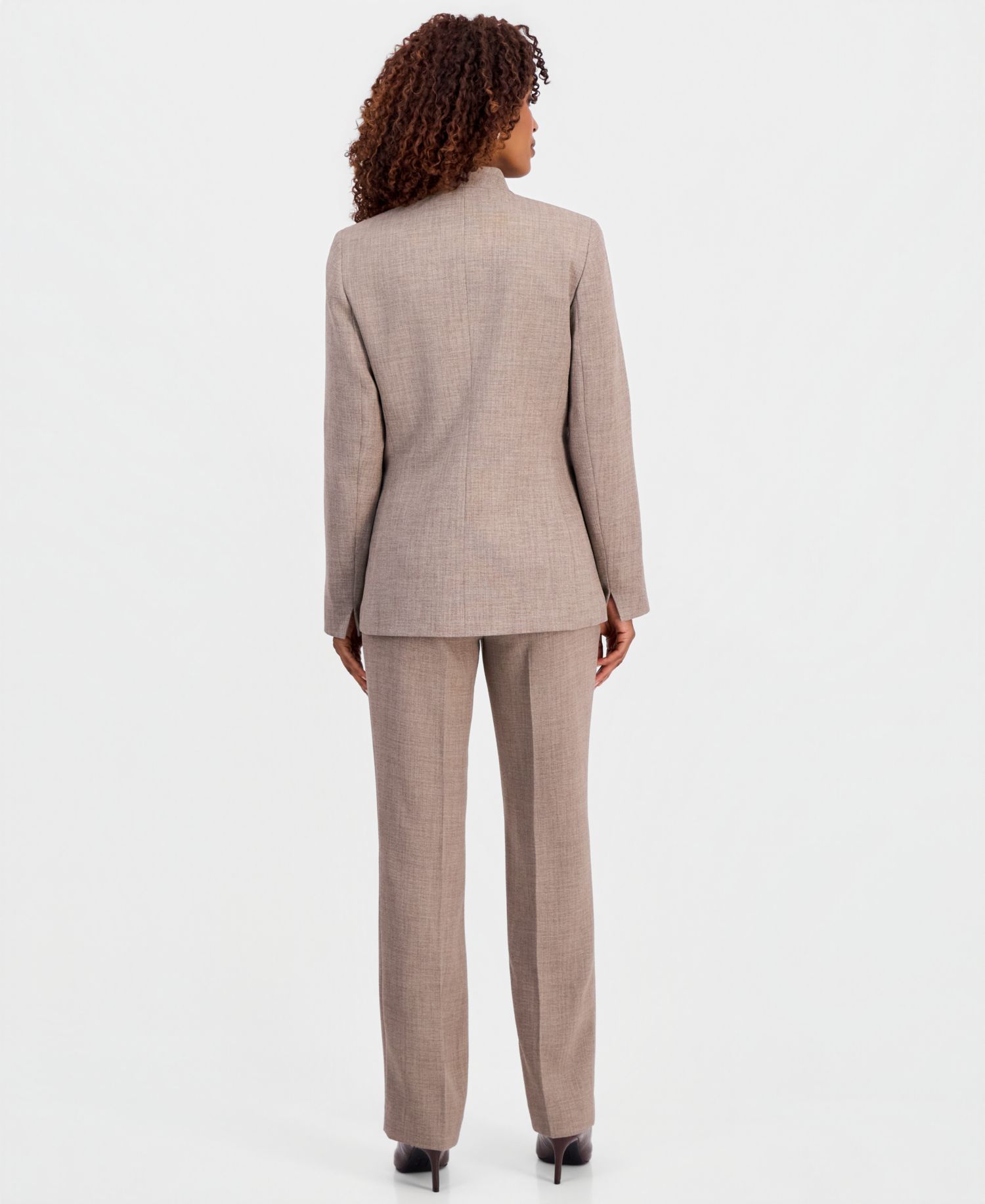 Women's Collarless Melange Jacket, Sleeveless Ruffle-Front Blouse & Straight-Leg Pants
