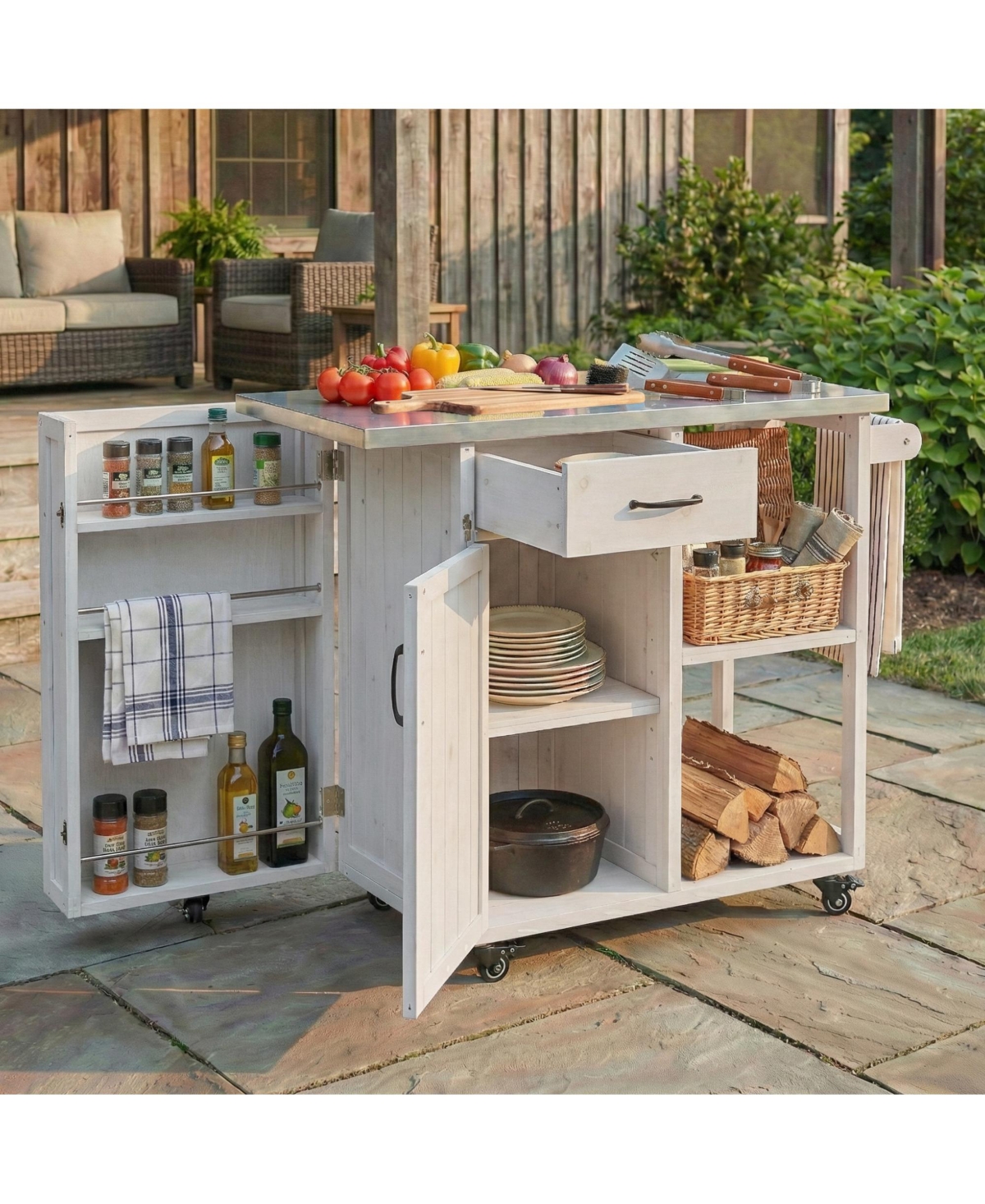 sumyeg Outdoor Kitchen Island Fir Wood Prep Station Cart with Stainless Top, Storage, Towel and Spice Racks