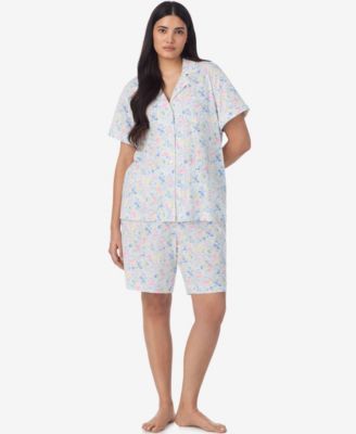 Plus Size Notch Collar Top and Bermuda Pajama Shorts, 2-Piece Set