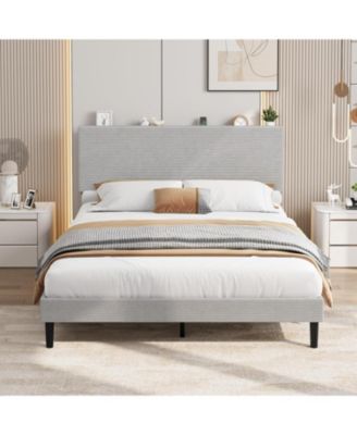 Queen Corduroy Upholstered USB Charging Station Storage Headboard Platform Bed Frame
