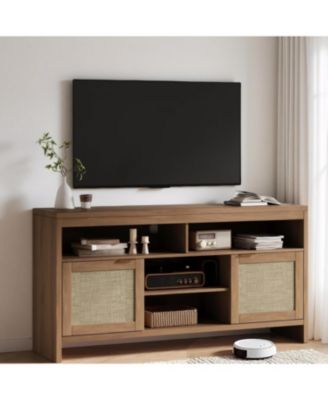 2 Pack Modern Rattan Entertainment Center with Storage, Boho TV Stand for TVs , Adjustable Shelves & Wooden Media Console Cabinet