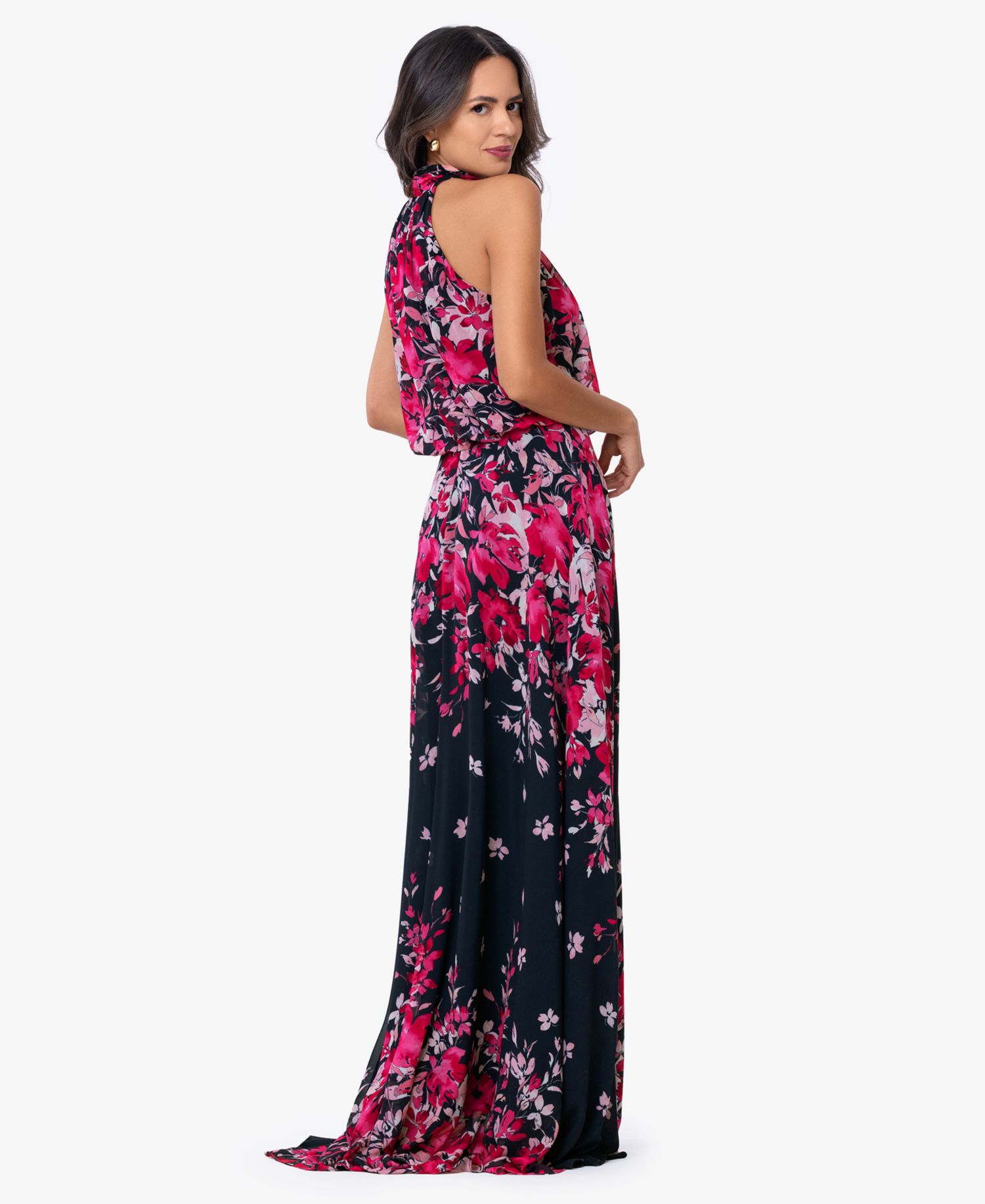 Women's Halter Neck Long Souffle Chiffon Floral Print Dress
