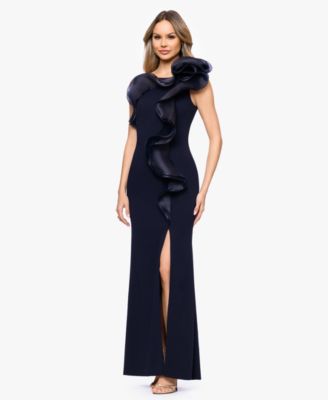 Women's Scuba Crepe Organza-Ruffle Long Dress