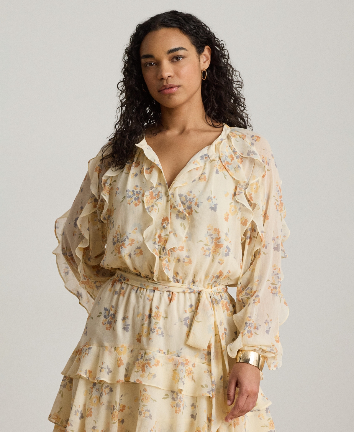 Lauren Ralph Women's Band Collar Floral Ruffle-Trim Tiered Dress