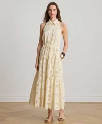 Women's Spread Collar Floral-Eyelet Voile Tiered Shirt-Dress