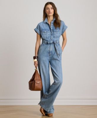 Women's Spread Collar Belted Denim Wide-Leg Jumpsuit