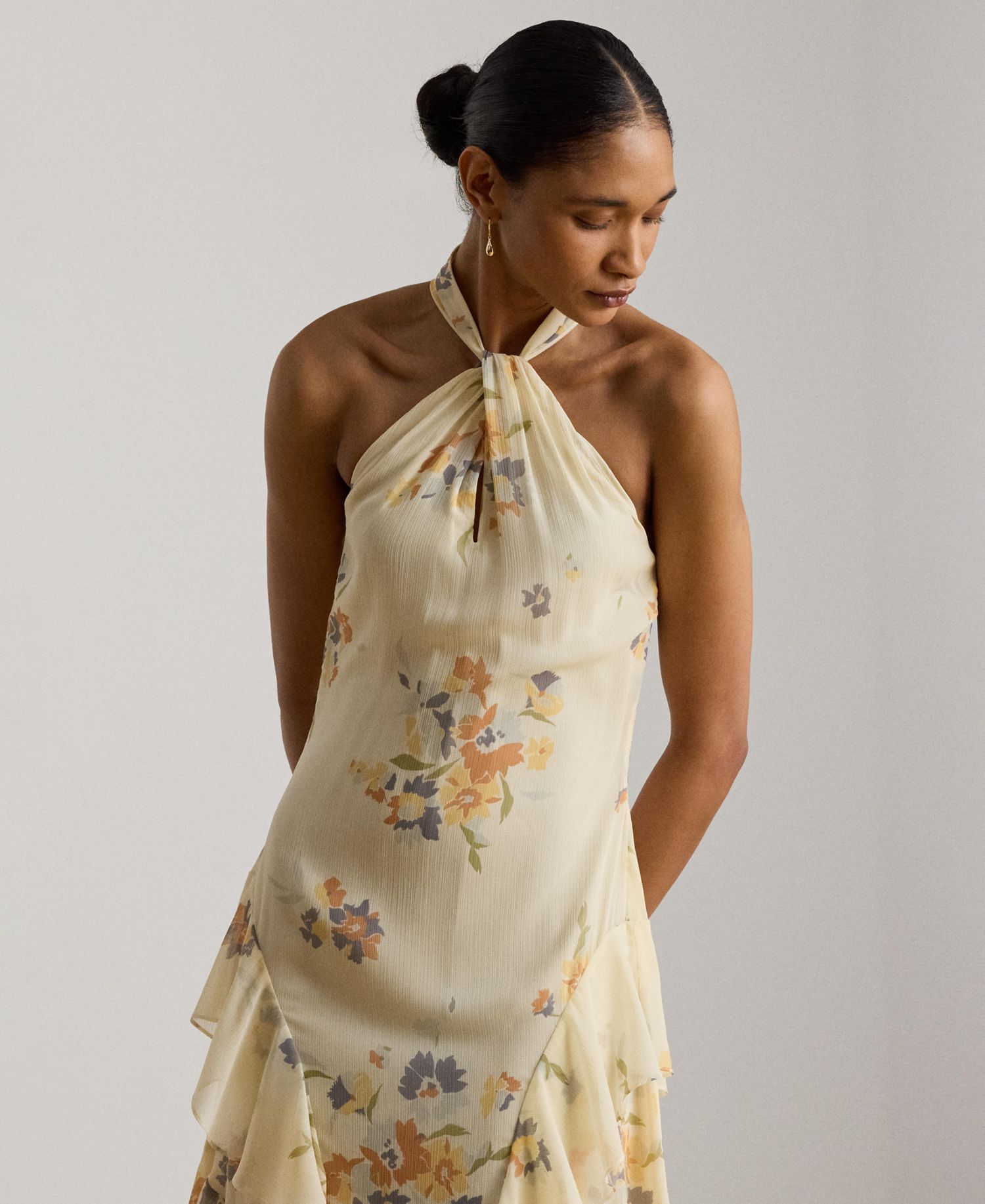 Floral Ruffle-Trim Halter Cocktail Dress