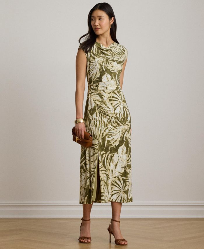 Lauren Ralph Lauren Women's Palm-Frond-Print Cowl Neck Midi Dress