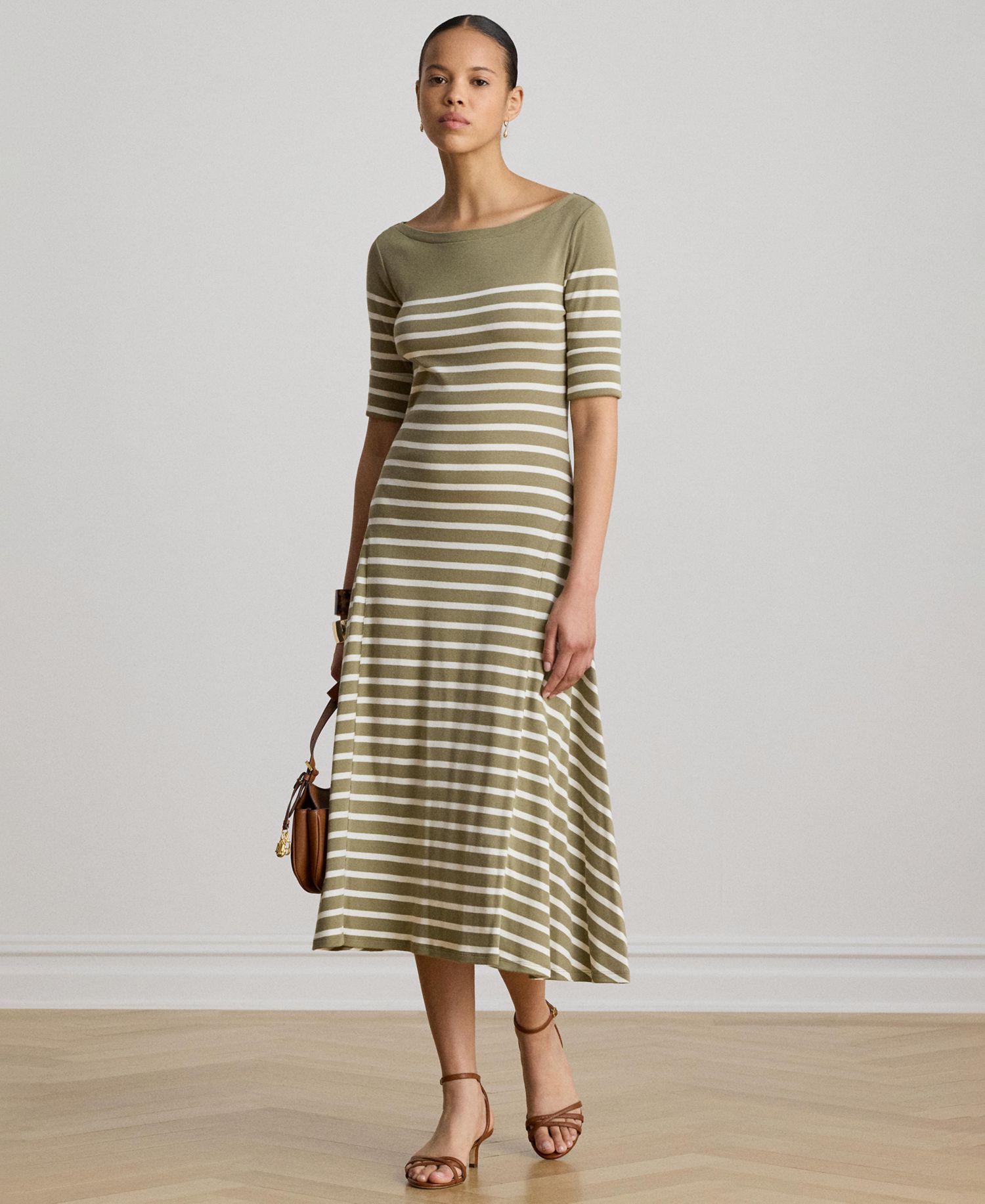 Women's Boat Neck Breton-Stripe Ribbed Midi Dress