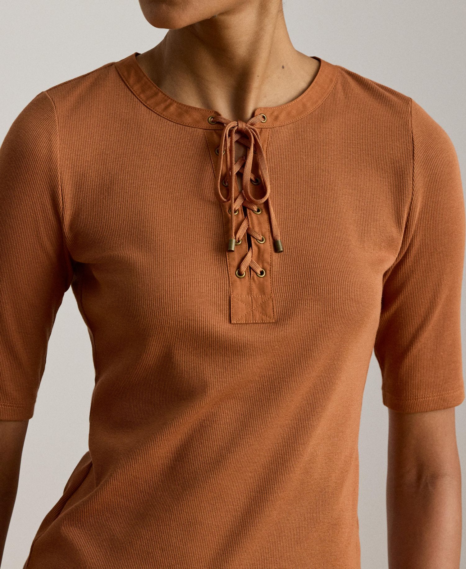 Women's Crewneck Lace-Up Ribbed Elbow-Sleeve T-Shirt
