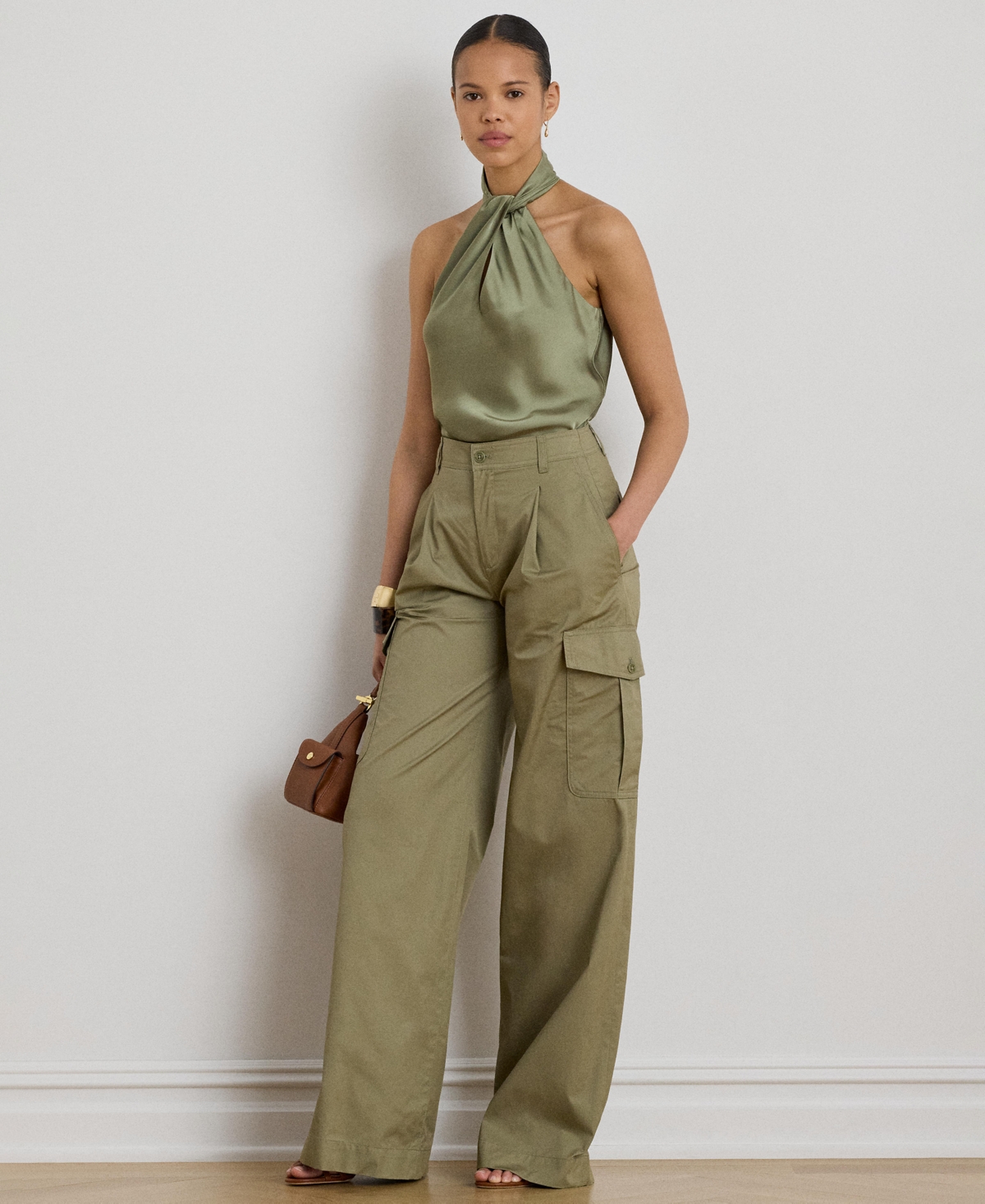 Lauren Ralph Women's High-Rise Pleated Wide-Leg Cargo Pants