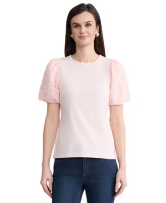 Women's Eyelet Puff-Sleeve Crewneck Top