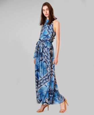 Women's Printed Satin Halter Neck Maxi Dress