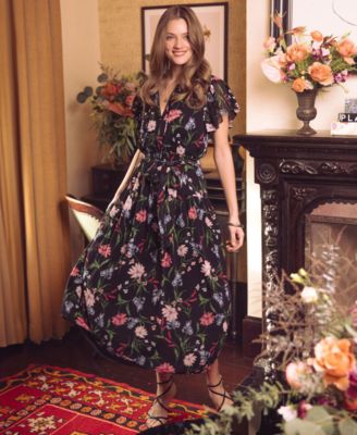 Women's Ruffle Detail Tie Neck Midi Dress