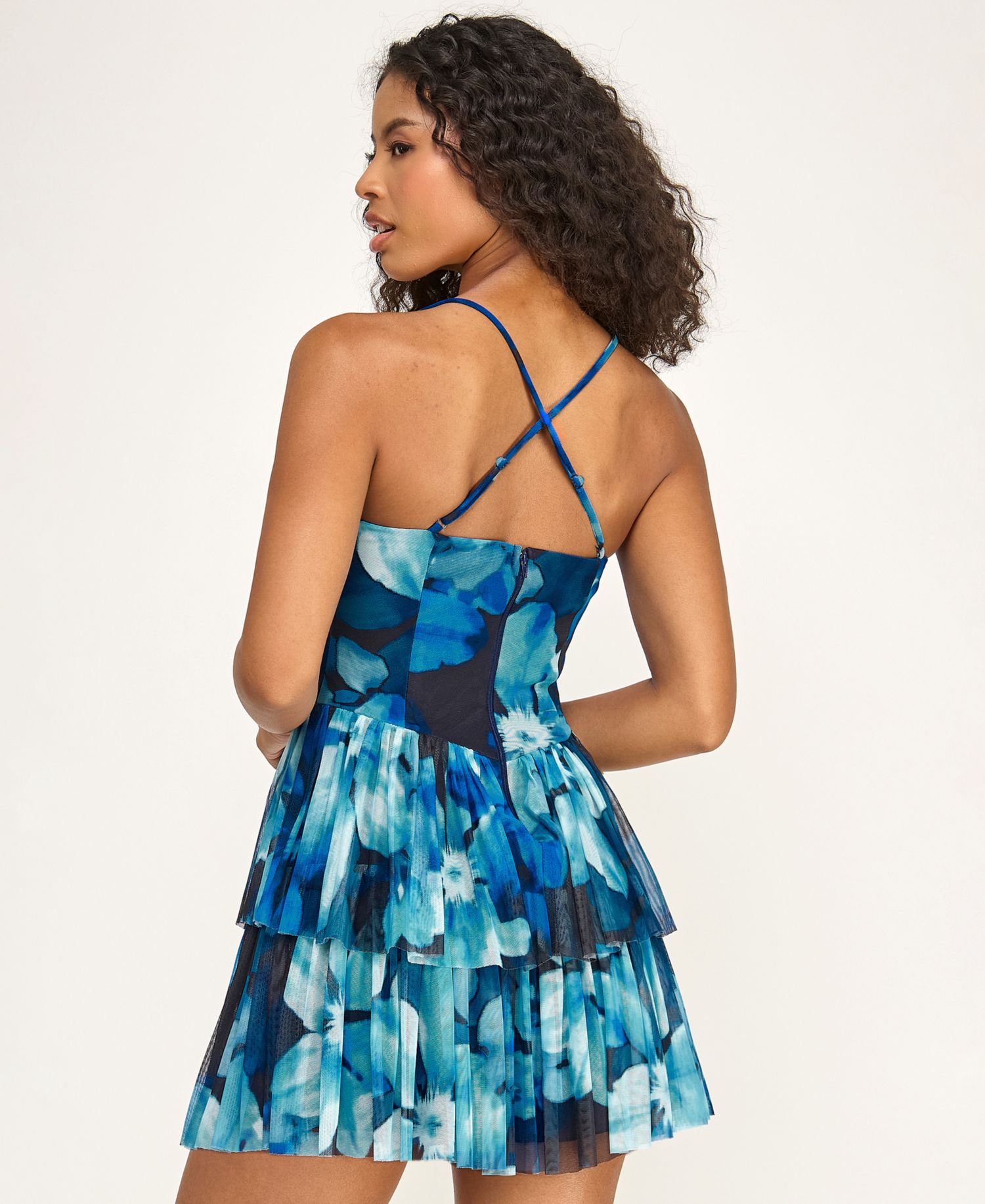 Juniors' Printed Mesh Straight Neck Tiered Mini Dress