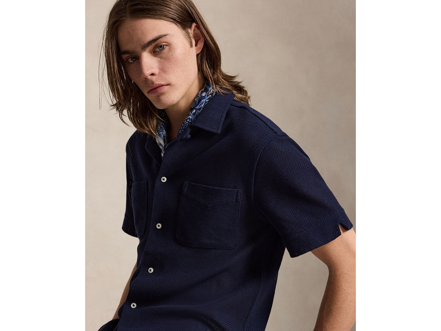 Мужская рубашка Polo Ralph Lauren Textured Pointelle Camp, цвет: Тёмно-синий — фото 3