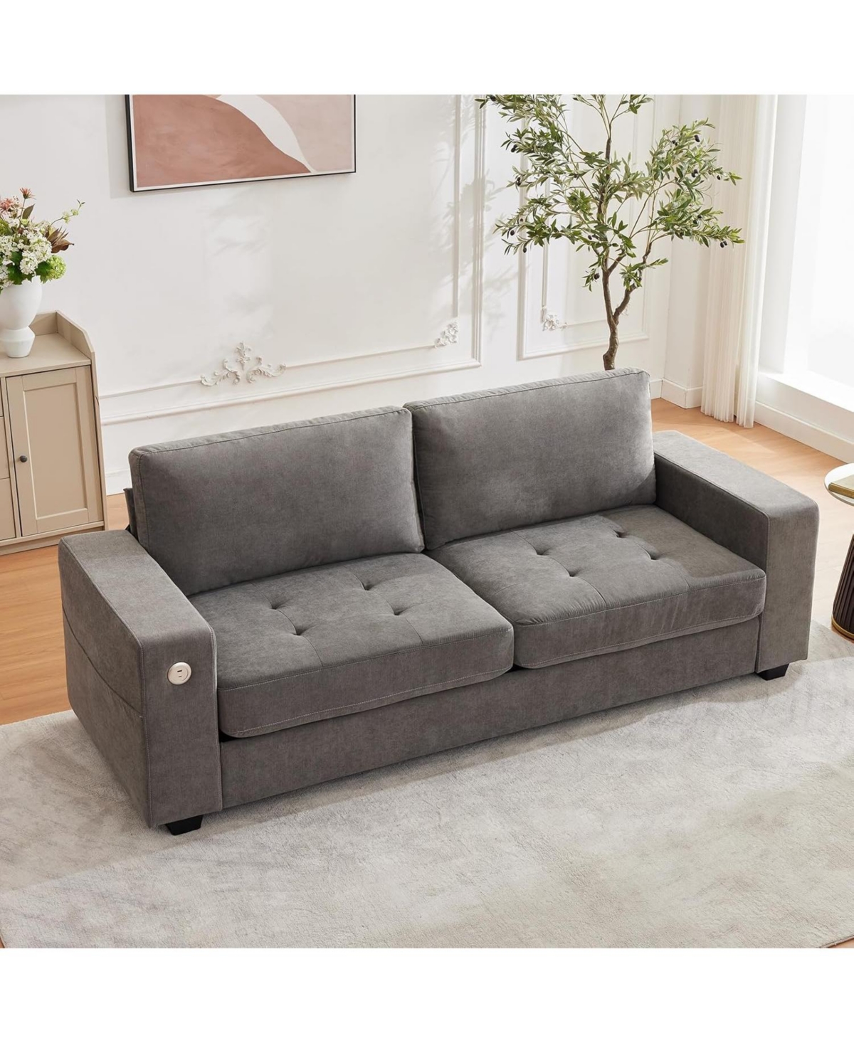 89" Versatile Contemporary Sectional Sofa Chenille Fabric for Two with Usb Charging Port and Side Storage Pocket, Cover Removable