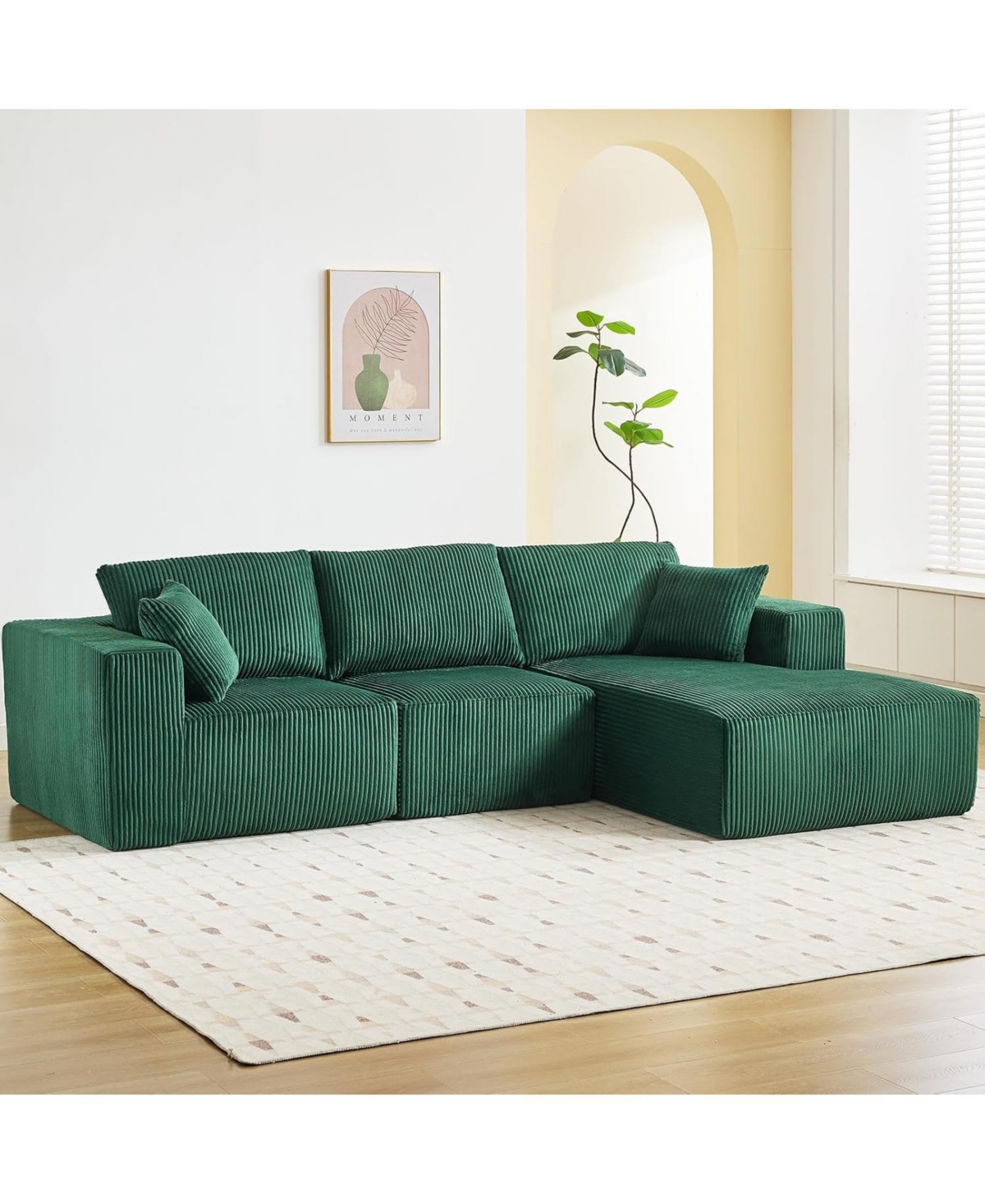 gaomon 108" modular sectional with cloud foam, L shape chaise, corduroy fabric, throw pillows, no assembly, comfy and space saving design.