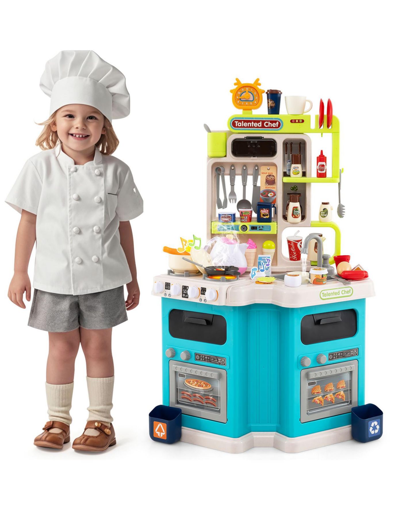 Детские игрушки Slickblue Realistic Lights and Sounds Corner Play Kitchen 114-Piece Set, Ages 3+, цвет: Синий — фото 4
