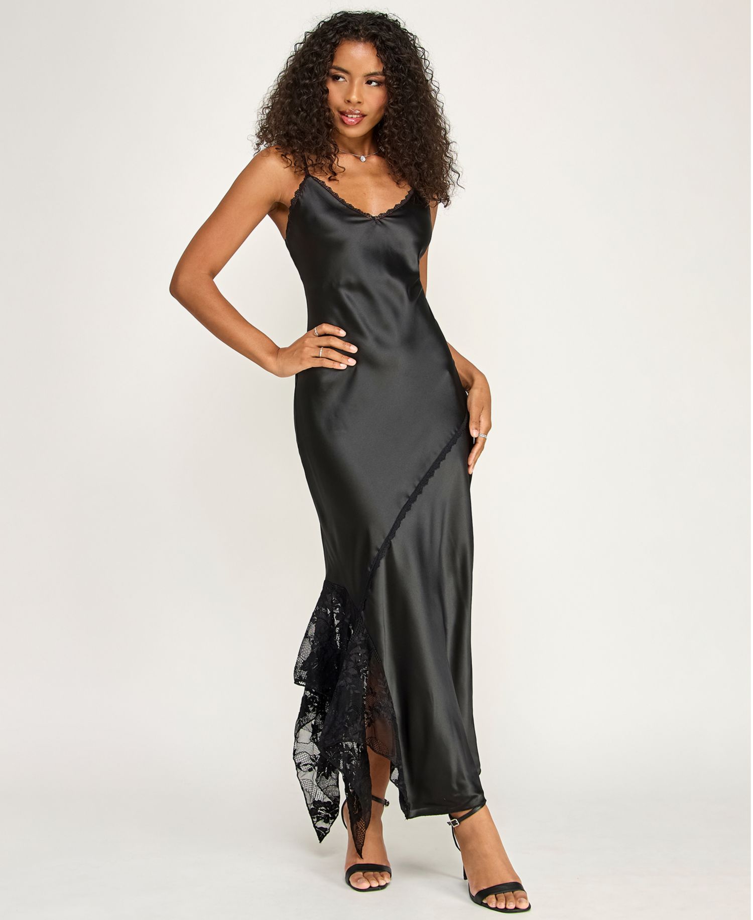 Juniors' Sleeveless V-Neck Satin and Lace Slip Dress