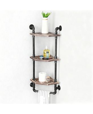 Industrial Pipe Shelf Rustic Corner Metal Wood Bathroom Wall Mounted Towel Bar