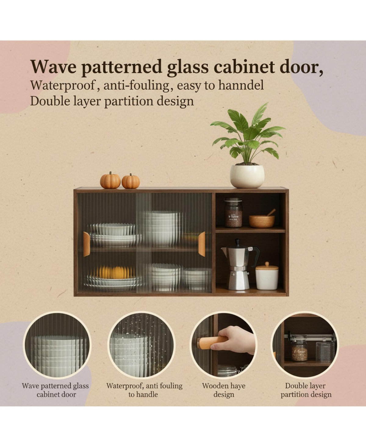 Yigii Small Kitchen Pantry Cabinet Wall Sideboard Glass Doors Storage Food Living Dining Bedroom