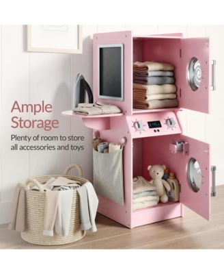 Pretend Play Kids Wooden Stacked Washer and Dryer Set w/ Toy Laundry Storage and Accessories