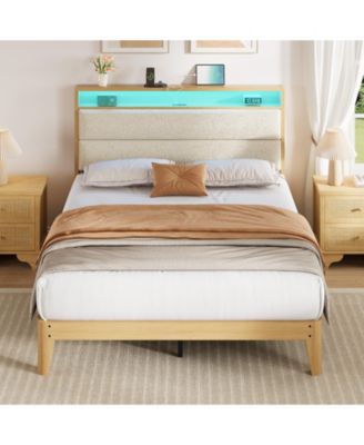 Bed Frame with LED Headboard Shelf, Linen Upholstered Platform Bed Frame with Strong Wood Slats Support, Easy Assembly