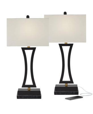 Roxie Modern Table Lamps Set of 2 with Marble Risers 31" Tall Metal USB Port Rectangular Fabric Shade for Bedroom Living Room House