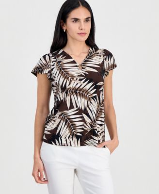 Petite Printed V-Neck Flutter-Sleeve Top