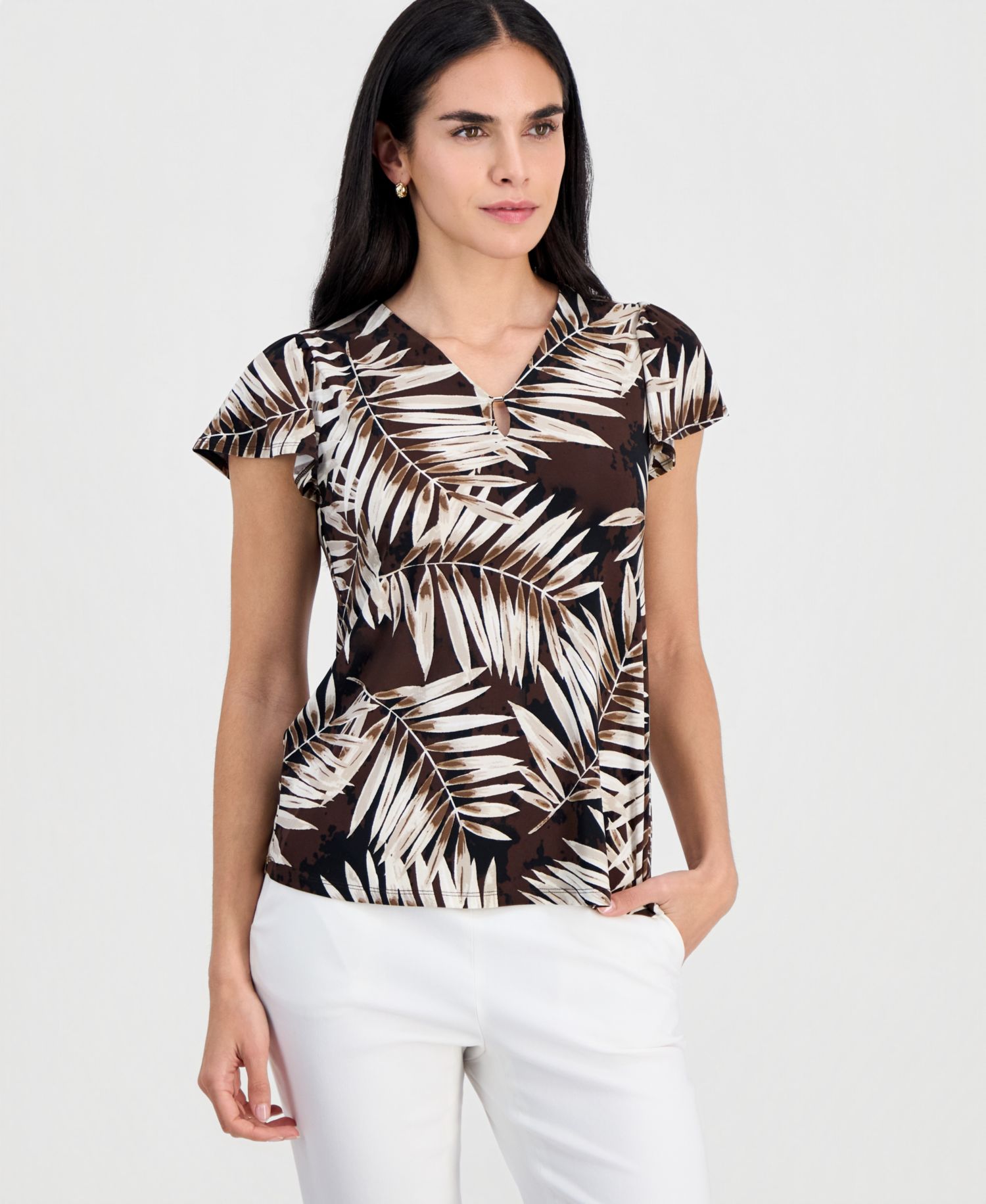 Petite Printed V-Neck Flutter-Sleeve Top
