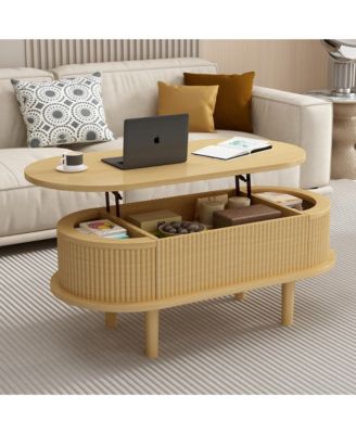 Fluted Lift-Top Oval Wood Center Table with Hidden Storage