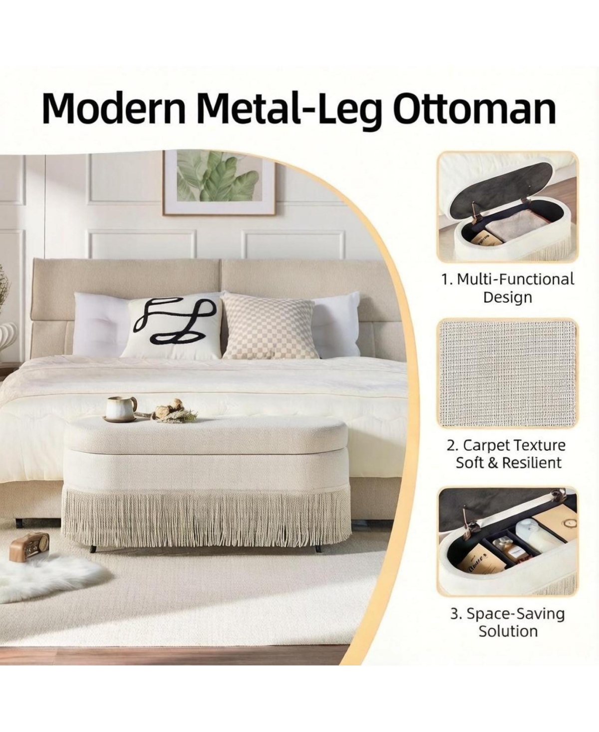 Rainsken Oval Storage Ottoman, Upholstered Footrest with Fringe Trim, Hidden Storage and Metal Frame for Living Room