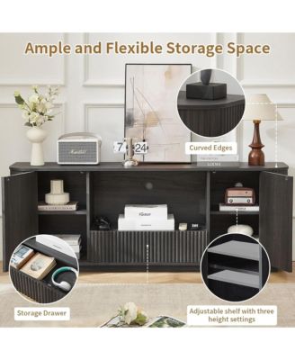 64" Fluted TV Stand, Mid Century Modern Entertainment Center with 2 Doors, 1 Drawer and Open Shelf, Media Console Table for Living Room