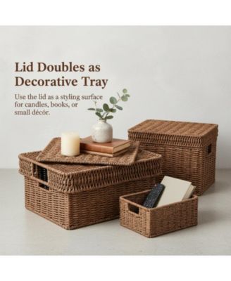 Wicker Storage Baskets With Lids 3-Piece Set Premium Plastic Rattan Handcrafted Organizing Bins for Home Decor