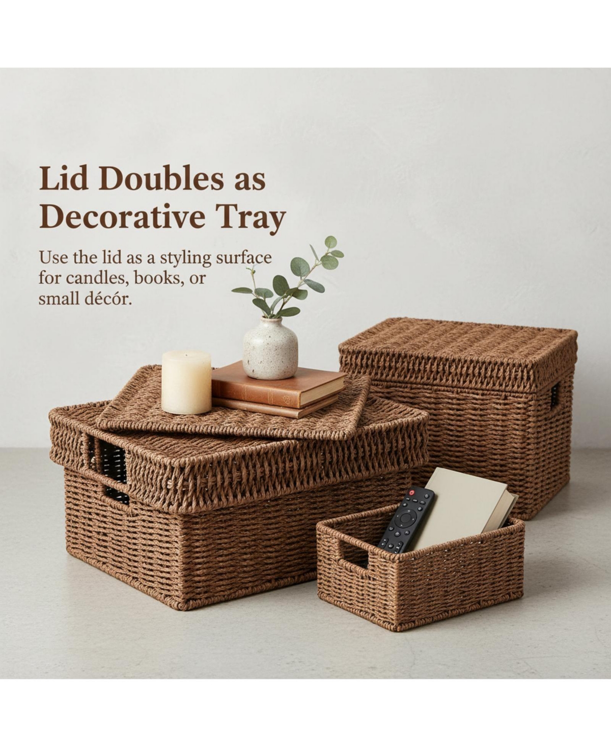 Yigii Wicker Storage Baskets With Lids 3-Piece Set Premium Plastic Rattan Handcrafted Organizing Bins for Home Decor