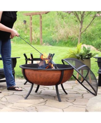 Outdoor Portable Camping or Backyard Large Round Fire Pit Bowl with Spark Screen, Wood Grate, and Log Poker - 32" - Copper Finish