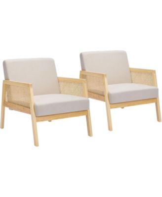 Wood Accent Armchair with Rattan Backrest and Linen Cushion