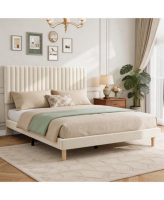 Velvet Bed Frame, Vertical Channel Tufted Headboard, Height Adjustable, Upholstered Platform Bed
