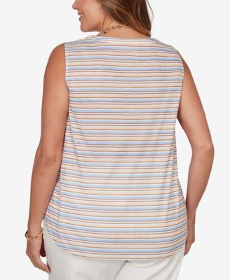 Plus Size Striped Slub Sleeveless Henley Tie Front Top