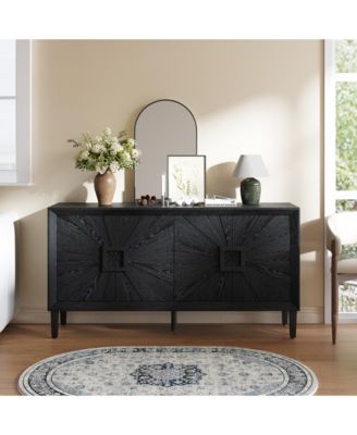 Wood Storage Cabinet, Farmhouse Buffet Sideboard with Symmetrical Sunburst Door Design and Adjustable Shelves for Living Room