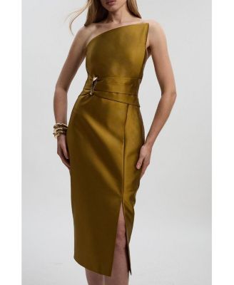 Women's Satin Twill Asymmetric Neck Midi Dress