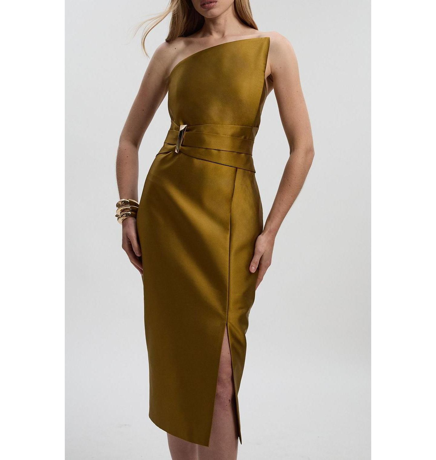 Женское платье Karen Millen Satin Twill Asymmetric Neck Midi, цвет: Золотой — фото 6