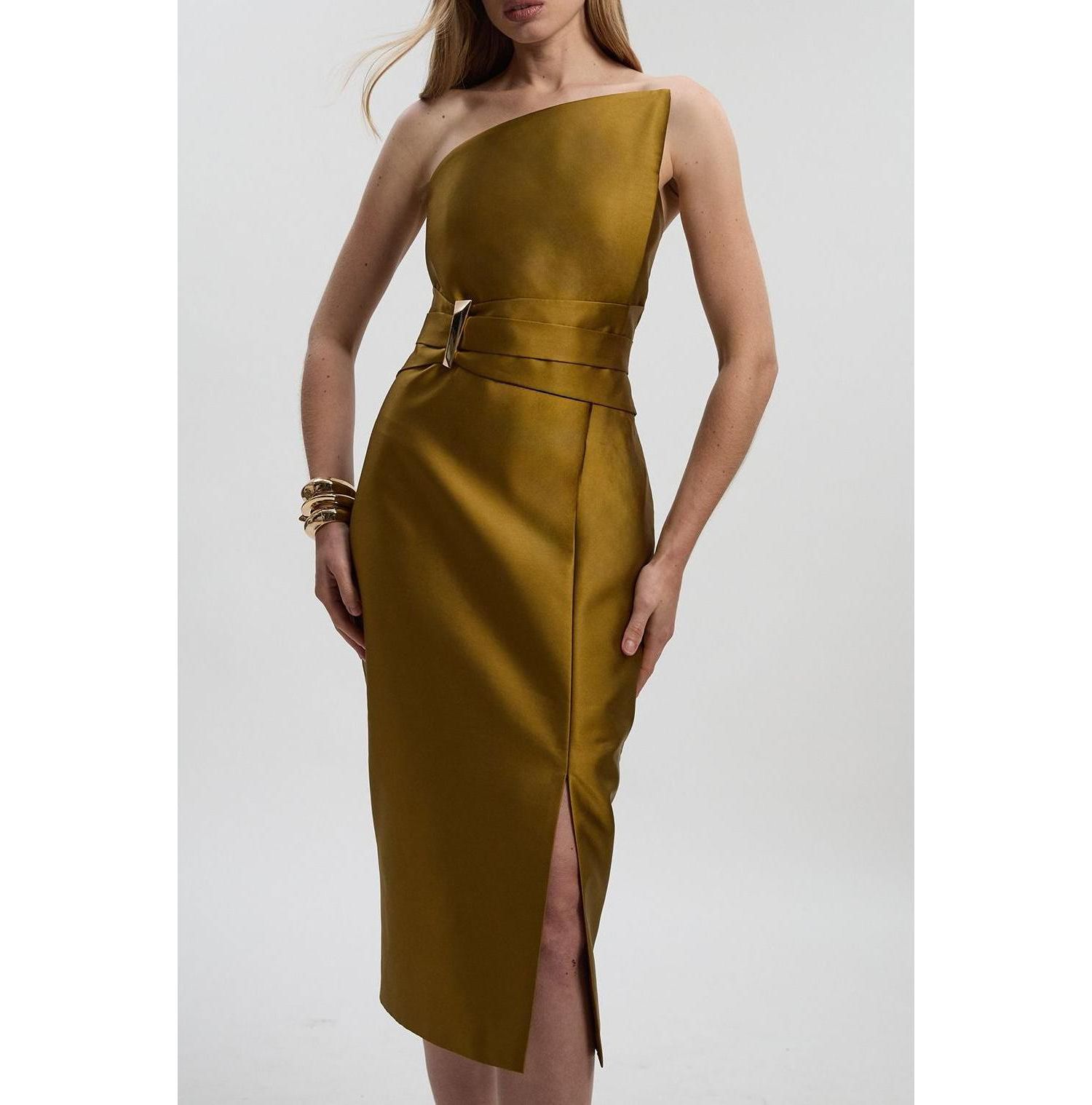 Women's Satin Twill Asymmetric Neck Midi Dress