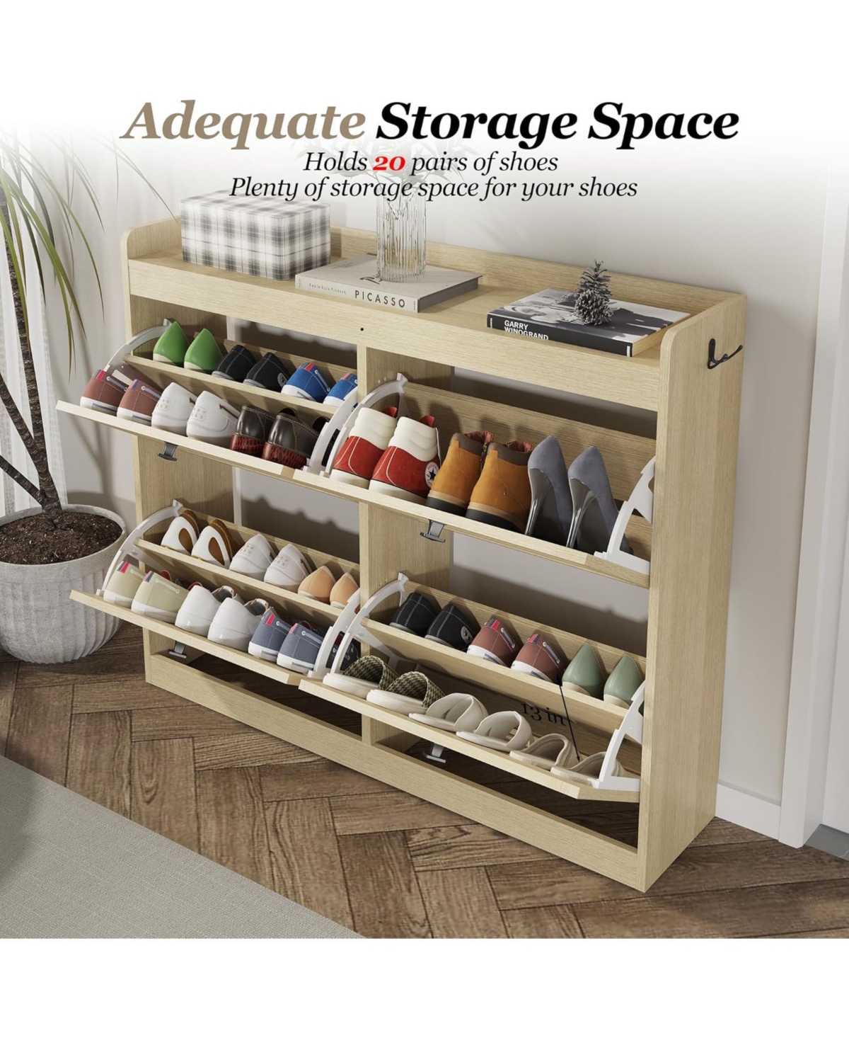 gaomon Large Shoe Storage Cabinet with 4 Flip Drawers, Narrow for Entryway Wooden Legs, Freestanding Hidden Rack Organizer