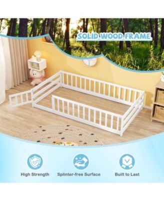 Twin Size Kids Montessori Floor Bed with Lockable Door and Fence Guardrails